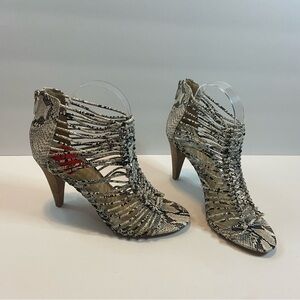 Vince Camuto Alsandra Strappy Heeled Sandals Black and White Snake Skin Print